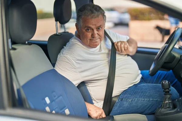 Middle Age Grey Haired Man Smiling Confident Wearing Car Belt — Stock Photo, Image