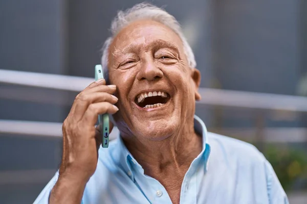 Senior Grey Haired Man Smiling Confident Talking Smartphone Street — Stock Photo, Image