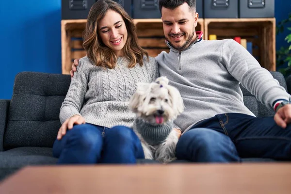 Man and woman smiling confident sitting on sofa with dog at home