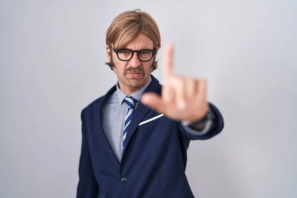 Caucasian Man Mustache Wearing Business Clothes Pointing Finger Angry Expression — Stock Photo, Image