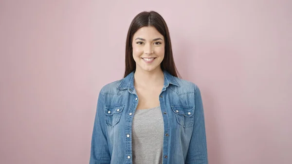 Young Beautiful Hispanic Woman Smiling Confident Standing Isolated Pink Background — Zdjęcie stockowe