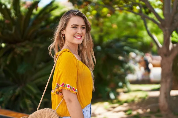 Young Woman Smiling Confident Looking Side Park —  Fotos de Stock