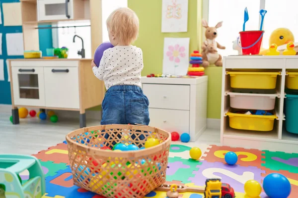 Adorable Blond Toddler Playing Ball Standing Kindergarten — Stock Photo, Image