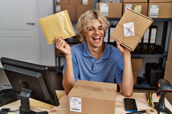 Young Man Working Small Business Ecommerce Holding Packages Smiling Laughing — Stock Photo, Image