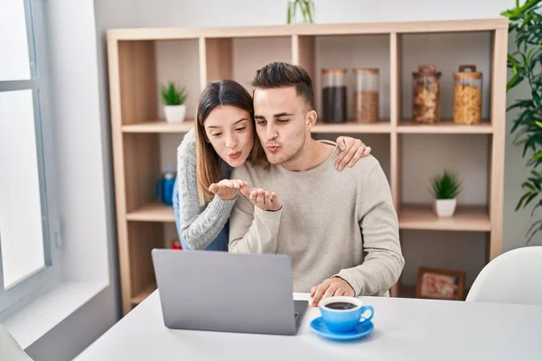 Man Woman Couple Hugging Each Other Having Video Call Home — Foto Stock