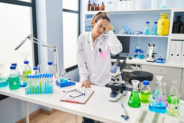 Young Woman Wearing Scientist Uniform Stressed Working Laboratory — Φωτογραφία Αρχείου