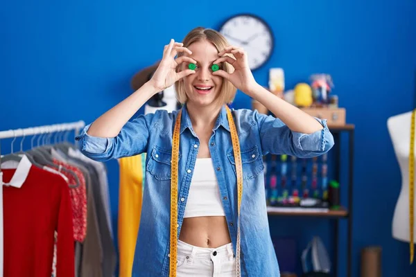 Young Blonde Woman Tailor Smiling Confident Holding Buttons Eyes Sewing — Photo