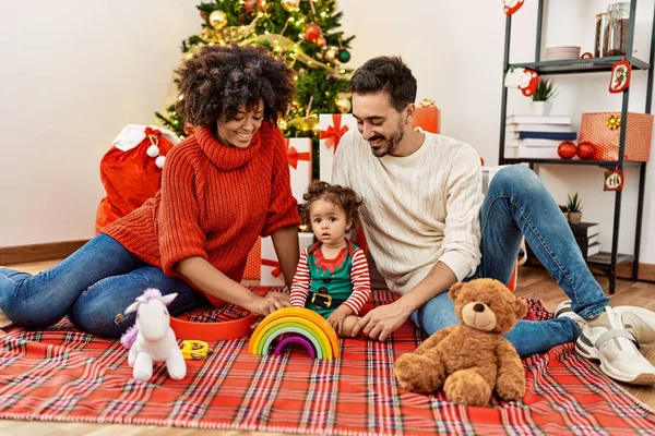 Couple Daughter Playing Toys Sitting Christmas Tree Home — Stock Photo, Image