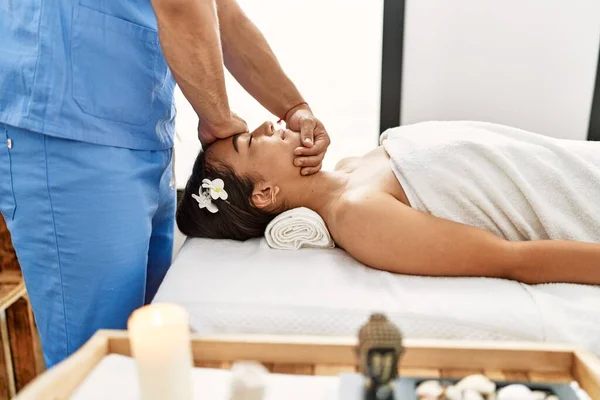 Latin Man Woman Wearing Physiotherapy Uniform Having Rehab Session Massaging — Stock Photo, Image
