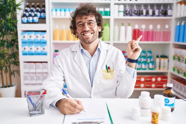 Hispanic Young Man Working Pharmacy Drugstore Big Smile Face Pointing — Stock Photo, Image