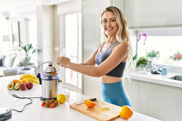 Young Woman Smiling Confident Using Blender Kitchen — Stok fotoğraf