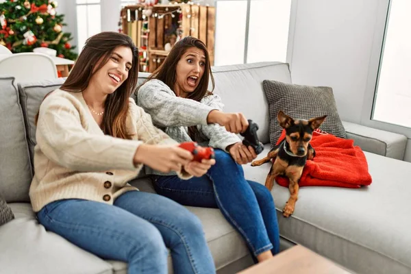Evde Noel Ağacının Yanında Köpekle Oturup Video Oyunu Oynayan Iki — Stok fotoğraf