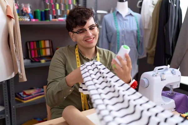 Non Binary Man Tailor Smiling Confident Holding Cloth Thread Atelier — 图库照片
