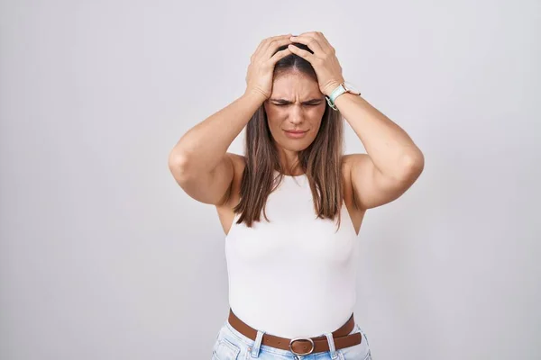Hispanic Young Woman Standing White Background Suffering Headache Desperate Stressed — Stock Photo, Image