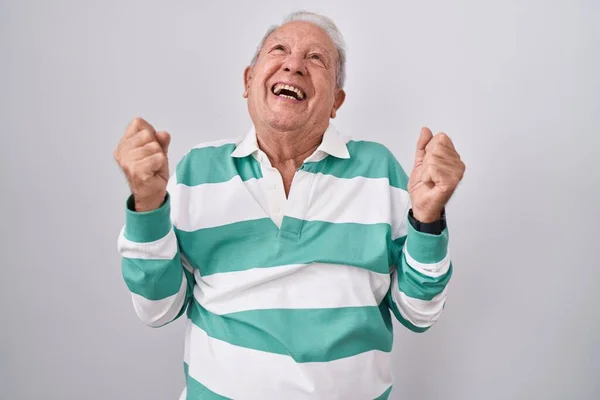 Starszy Mężczyzna Siwymi Włosami Stojący Białym Tle Świętujący Zaskoczony Zdumiony — Zdjęcie stockowe