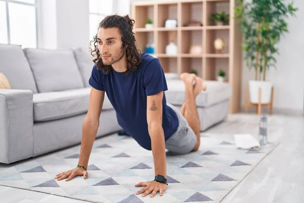 Young Hispanic Man Training Yoga Home — Fotografia de Stock
