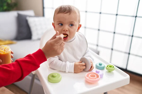Adorable Blond Toddler Sitting Highchair Eating Home — Stock Photo, Image