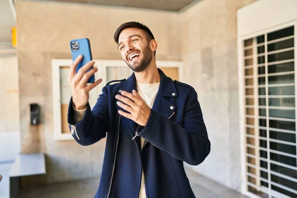 Young Hispanic Man Smiling Confident Having Video Call Street —  Fotos de Stock