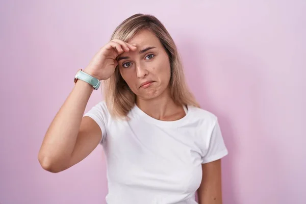 Young Blonde Woman Standing Pink Background Worried Stressed Problem Hand — Stock Photo, Image