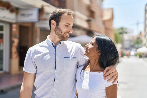 Man Woman Interracial Couple Hugging Each Other Street — Stockfoto