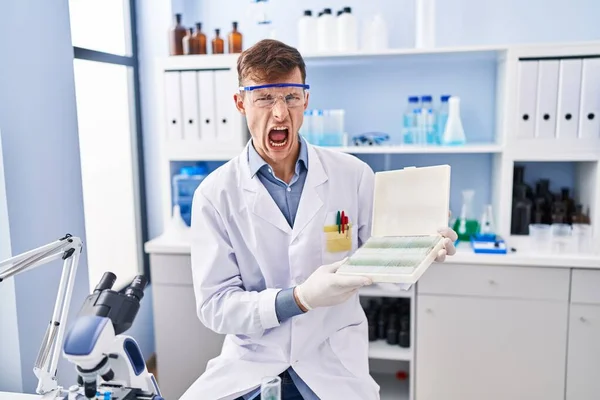 Καυκάσιος Που Δουλεύει Εργαστήριο Επιστημόνων Θυμωμένος Και Θυμωμένος Ουρλιάζοντας Απογοητευμένος — Φωτογραφία Αρχείου