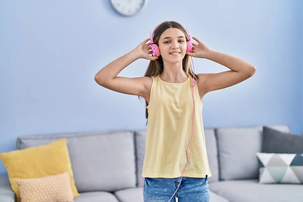 Adorable Girl Listening Music Dancing Home — Stock fotografie