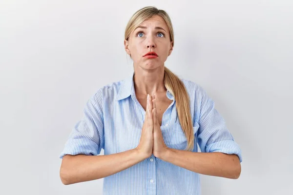 Beautiful Blonde Woman Standing White Background Begging Praying Hands Together — Stock Photo, Image