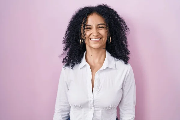 Hispanic Woman Curly Hair Standing Pink Background Happy Cool Smile — Zdjęcie stockowe