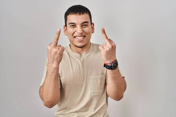 Young Arab Man Wearing Casual Shirt Showing Middle Finger Doing — Foto Stock