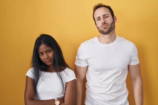 Interracial Couple Standing Yellow Background Looking Sleepy Tired Exhausted Fatigue — Stock Photo, Image