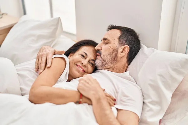 Middle Age Man Woman Couple Hugging Each Other Lying Bed — стоковое фото