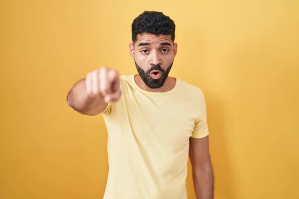 Hispanic Man Beard Standing Yellow Background Pointing Displeased Frustrated Camera — Stock Fotó