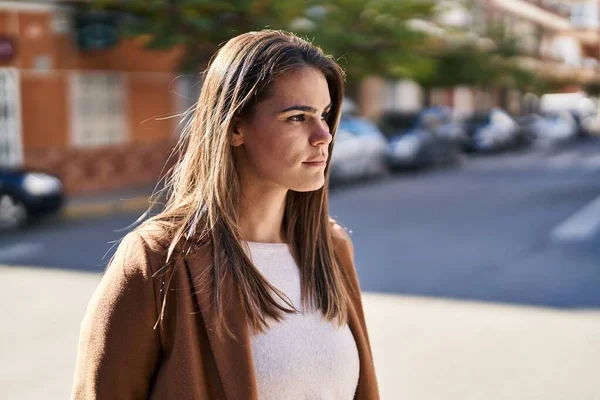 Young Beautiful Hispanic Woman Looking Side Serious Expression Street — Stock Fotó
