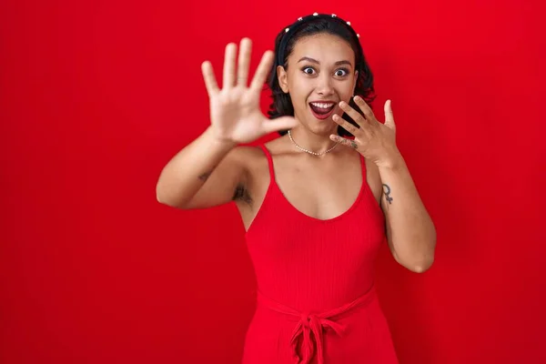 Young Hispanic Woman Standing Red Background Afraid Terrified Fear Expression — Stock Photo, Image