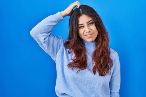 Hispanic Young Woman Standing Blue Background Confuse Wondering Question Uncertain — Stock Photo, Image