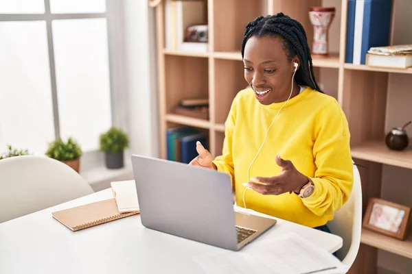 African American Woman Having Video Call Sitting Table Home — Foto de Stock