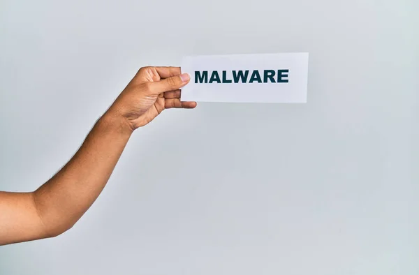 Mão Homem Caucasiano Segurando Papel Com Palavra Malware Sobre Fundo — Fotografia de Stock