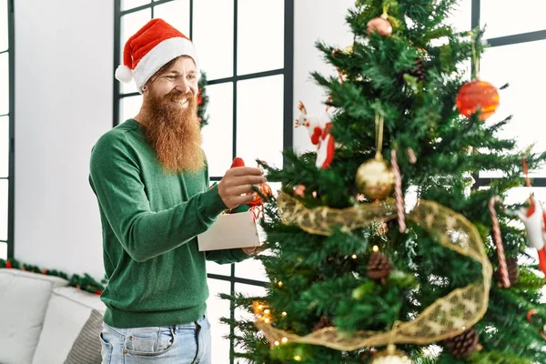 Young Redhead Man Smiling Confident Decorating Christmas Tree Home — Photo