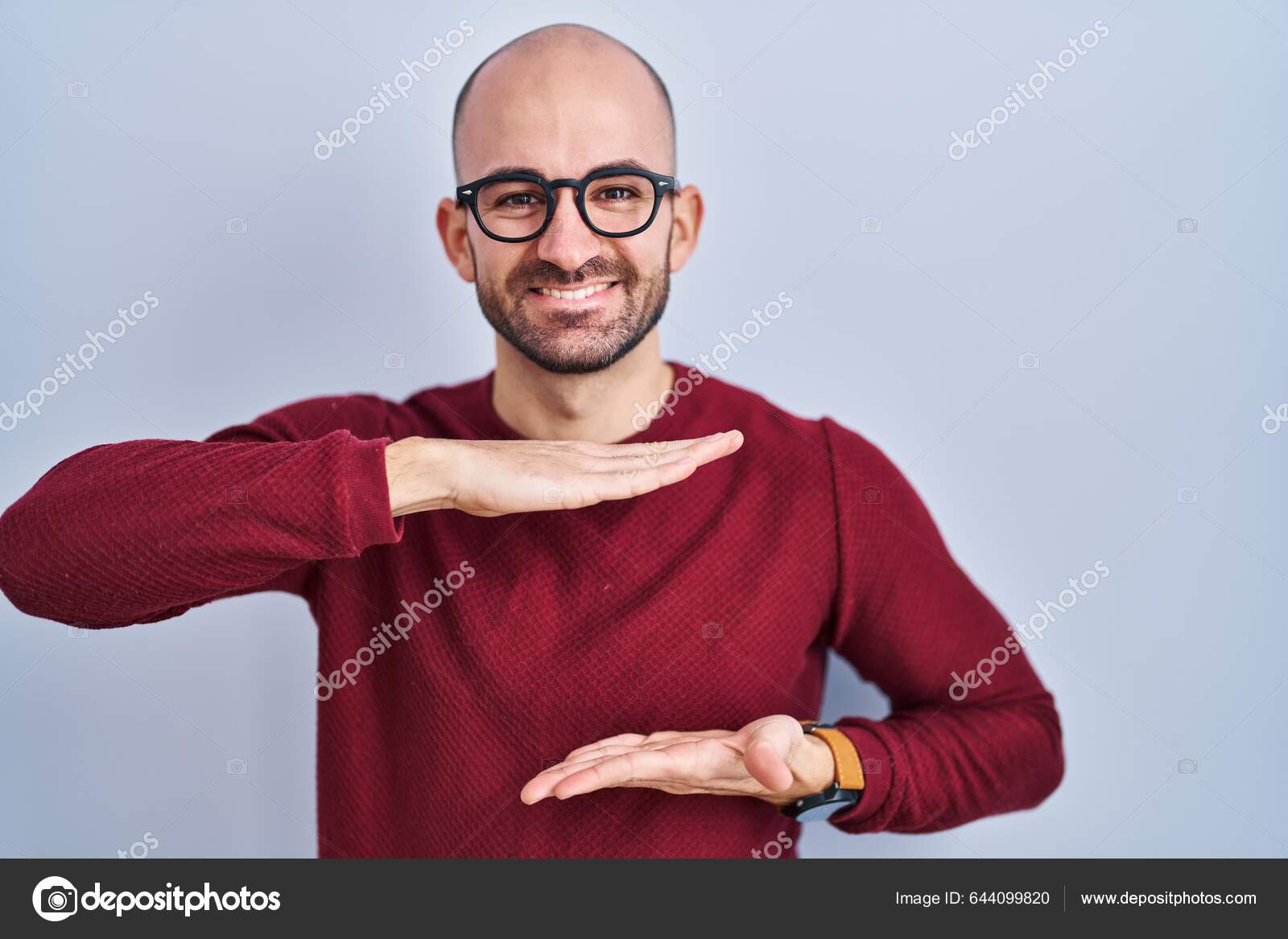 Young Bald Man Beard Standing White Background Wearing Glasses