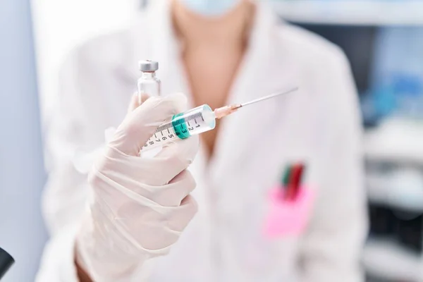 Young Blonde Woman Scientist Holding Covid Vaccine Laboratory — Stock Photo, Image