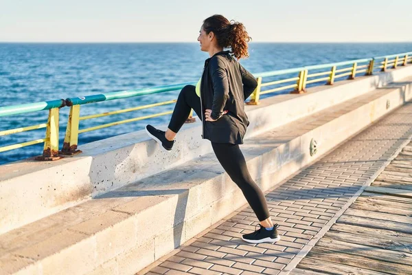 Middle Age Hispanic Woman Stretching Legs Promenade — Photo