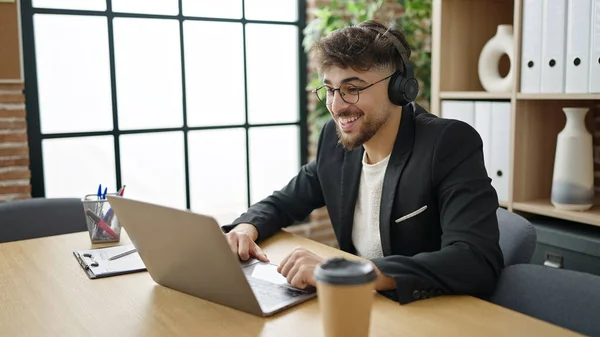 stock image Young arab man business worker having video call working at office