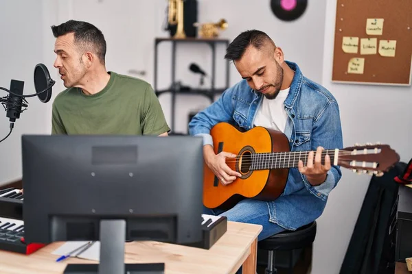 Two Men Musicians Singing Song Playing Piano Classical Guitar Music — Fotografia de Stock