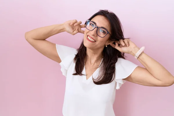 Middle Age Hispanic Woman Wearing Casual White Shirt Glasses Smiling — Stock Photo, Image