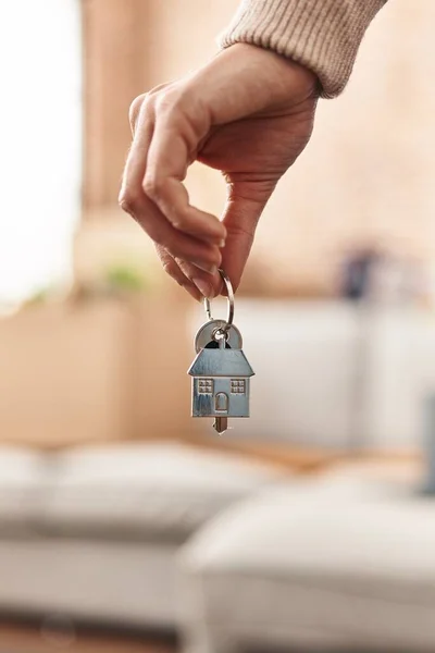 Young Woman Holding Key New House New Home — Stockfoto