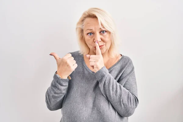 Middle Age Caucasian Woman Standing White Background Asking Quiet Finger — Stock Photo, Image