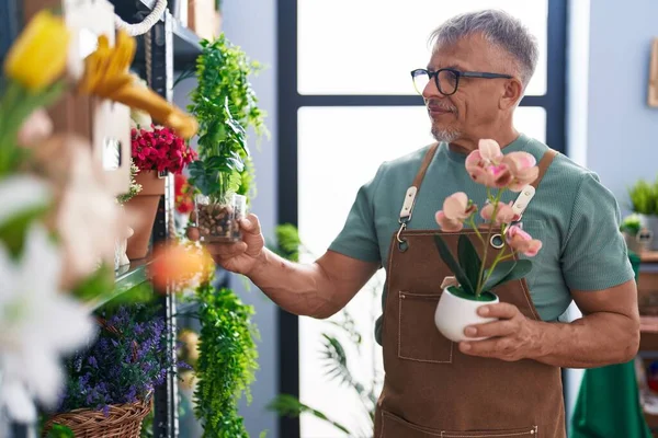 Μεσήλικας Γκριζομάλλης Ανθοπώλης Χαμογελαστός Αυτοπεποίθηση Κρατώντας Φυτό Στο Ανθοπωλείο — Φωτογραφία Αρχείου