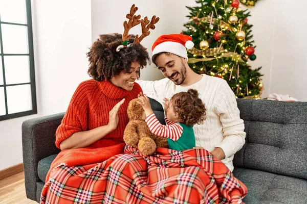 Couple Daughter Playing Teddy Bear Sitting Christmas Tree Home — Stockfoto