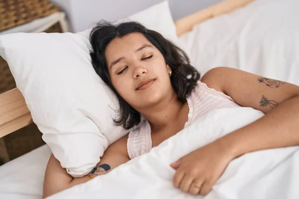 Young Woman Lying Bed Sleeping Bedroom — Stok fotoğraf