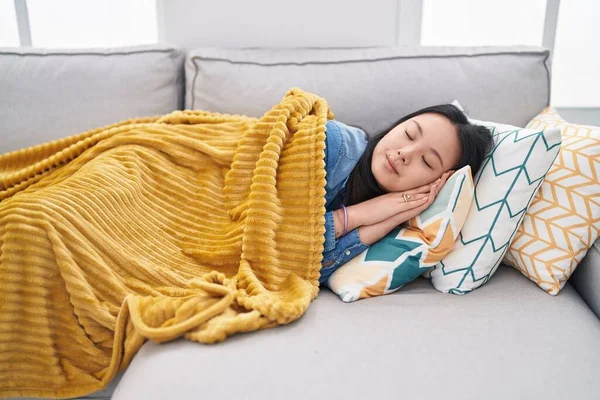 Young Chinese Woman Lying Sofa Sleeping Home — Stock Fotó